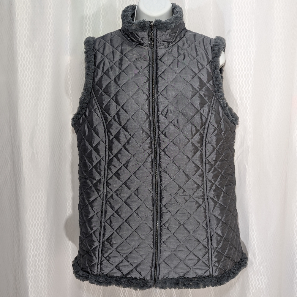 Denim + Company Zip-Front Reversible Quilted/Faux Fur Vest, Steel Grey, Size S